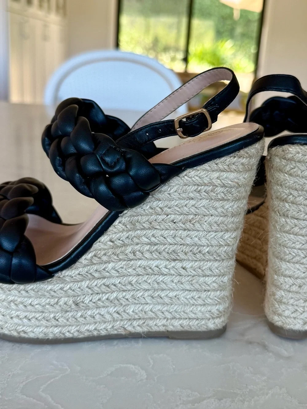 Coutgo Braided Strap Black Wedge Espadrille Sandals - Black size 6